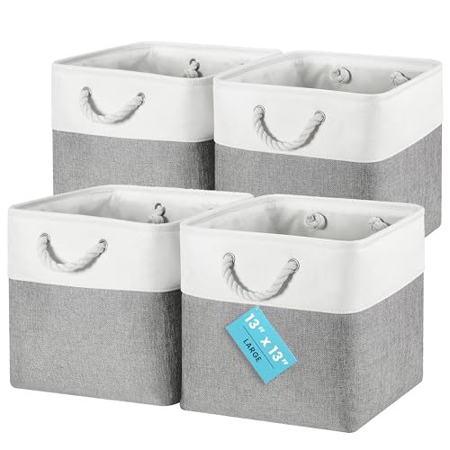 OrganiHaus 13x13 Cube Storage Bins, 4-Pack Fabric Cubes, Rope Handles - color: Gray Base / Off-White, size: 4 pcs (13x13)