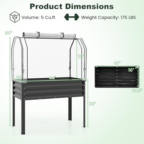 GIANTEX Raised Garden Bed with Legs & Greenhouse Cover, 44x22x60 Elevated Metal Planter Box with Roll-up Door, Outdoor Mini Greenhouse for Vegetable Flower Herb Patio Balcony (Black,1) - color: Black