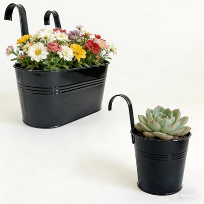 4 Pack Mixed Size Metal Railing Planters with Hanging Hooks, Black - color: Black, size: Oval 10"*2 + Round 4"*2