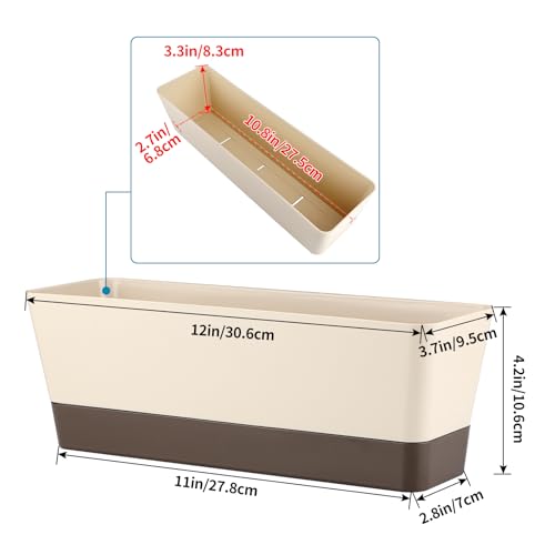 Window Box Planter with Tray, 12" Rectangle Plant Pot, Pack of 3 (Beige) - color: Beige