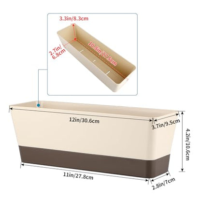 Window Box Planter with Tray, 12" Rectangle Plant Pot, Pack of 3 (Beige) - color: Beige