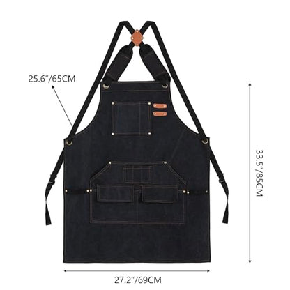 Tosewever Work Aprons for Men with Large Pockets, Canvas Cross Back Heavy Duty Adjustable Tool Aprons for Chef Cooking BBQ - color: Black