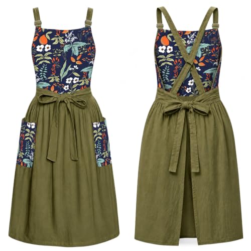 Apron for Women with Pockets Cotton Linen Metal Clip Adjust Kitchen Cooking Baking Gardening Dress Chef Apron - color: 1 Pack-green With Dark Blue Floral