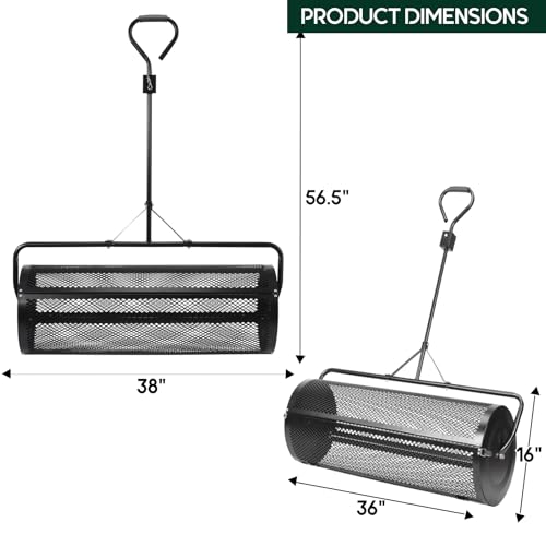 Compost and Peat Moss Spreader with Updated 2 in 1 ATV & T Shaped Handle, 16”WX44”L, Lawn and Garden Peat Moss Roller w/Laser Cutting Wire Mesh Baskets for Spreading Manure, Topsoil