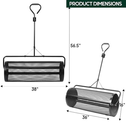 Compost and Peat Moss Spreader with Updated 2 in 1 ATV & T Shaped Handle, 16”WX44”L, Lawn and Garden Peat Moss Roller w/Laser Cutting Wire Mesh Baskets for Spreading Manure, Topsoil