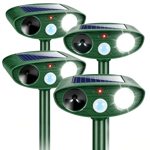 4 Pack Solar Animal Repellent Ultrasonic Outdoor Deer Repellent Devices,Cat Repellent Outdoor with Motion Sensor & Strobe Light -Keep Squirrels,Dogs,Raccoons,Rabbits,Skunks,Foxes Away from Garden Yard