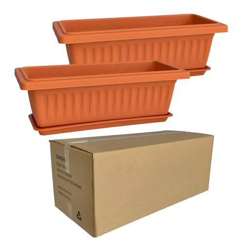 19 Inch Rectangular Plastic Planters, Terracotta, Set of 2 Window Boxes - color: Terracotta