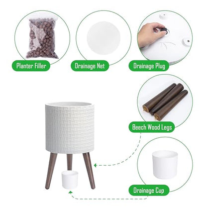 D'vine Dev Planter Pot with Wood Stand, 10 in, Matte White, 88-Z-B-1 - color: Matte White, size: Medium