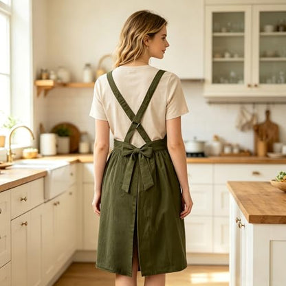 Apron for Women with Pockets Cotton Linen Metal Clip Adjust Kitchen Cooking Baking Gardening Dress Chef Apron - color: 1 Pack-green With Dark Blue Floral