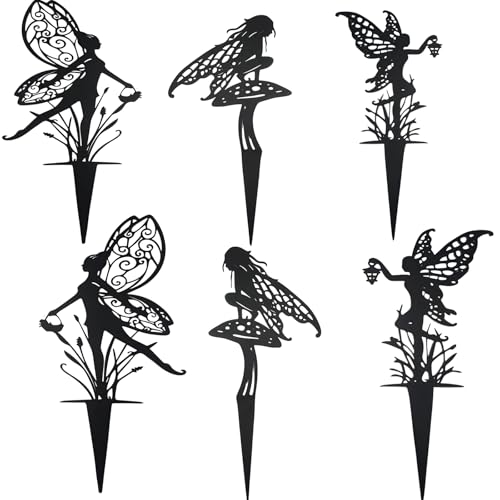 Decorative Garden Stakes， Fairy Garden Stakes, Butterfly Fairy Stakes for Weather Resistant Black Metal Outdoor Decorative Art for Women Gift (Matte Black, 6P-A) - color: Pure Black, size: 6Pack L