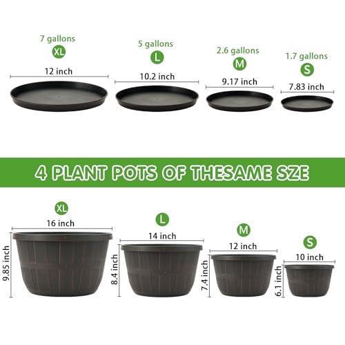 Quarut Plant Planters Pots Set of 4 Pack 16 Inch，Large Plastic Flower Pot - color: Brown, size: 16 inch-4 pack