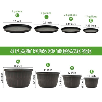 Quarut Plant Planters Pots Set of 4 Pack 16 Inch，Large Plastic Flower Pot - color: Brown, size: 16 inch-4 pack