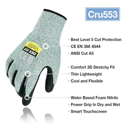 DEX FIT Level 5 Cut Resistant Gloves Cru553, 3D-Comfort Fit, Firm Grip, Thin & Lightweight, Touch-Screen Compatible, Durable, Breathable & Cool, Machine Washable; Green L (9) 1 Pair - color: Green, size: Large