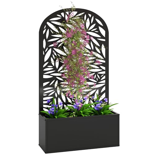 Outsunny Metal Raised Garden Bed with Trellis, Leaves Cut-Out - style: Leaves Cut-Out