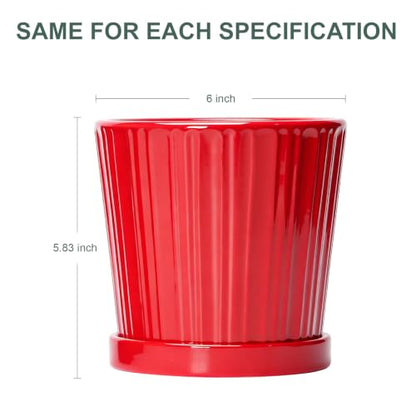 6 Inch Flower Pots for Plants, Ceramic Planter with Drainage and Saucer - color: Red