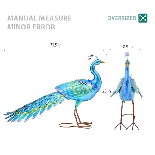 31" L Metal Peacock Garden Statue,Handcrafted Outdoor Yard Art - color: 31"l Iridescent Blue Peacock