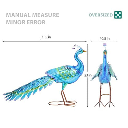 31" L Metal Peacock Garden Statue,Handcrafted Outdoor Yard Art - color: 31"l Iridescent Blue Peacock