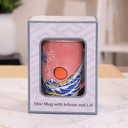 Tea Mug With Lid and Stainless Steel Infuser For Loose Leaf Tea Bag,15oz Tea Cup Porcelain, Hot Beverage Everyday Use Home Office, Gift Boxed (Sunset Wave) - style: Sunset Wave