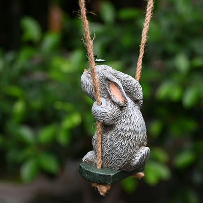OwMell Garden Rabbit Statue, Swing Bunny Butterfly Hanging Outdoor Decor