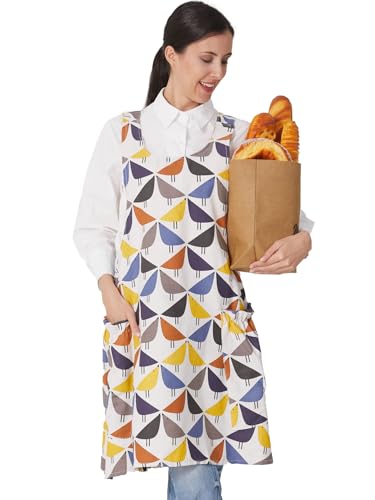 Cozy Adjustable Cross Back Aprons for Women with Pockets Cotton Linen Cooking Kitchen Baking - color: Birds
