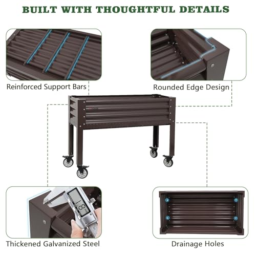 Anleolife Rolling Elevated Raised Garden Bed with Wheels, CaféBronze - color: Cafébronze, size: 48x18x35 in