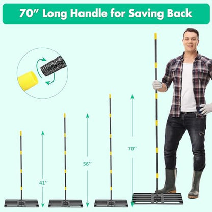 Lawn Leveling Rake,Folding 30x10 Inch Ground Plate,70 Inch Adjustable Long Handle Yard Level Tool with Curved Edge,Heavy Duty Landscaping Lawn Leveler for Grass, Golf Field, Soil Sand Dirt Spreader - size: Foldable 30"x10", 78"
