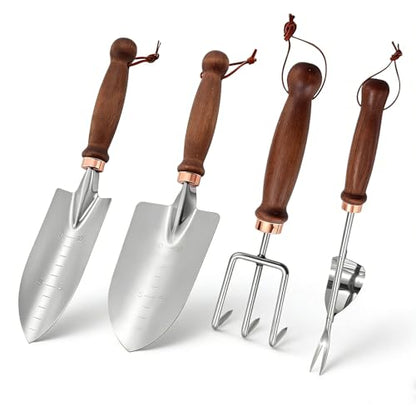 Garden Tools, 4 Pack Garden Shovel with Wooden Handles Hand Tools with Transplanting Hand Shovel, Rake and Root Picker Ideal for Digging and Planting