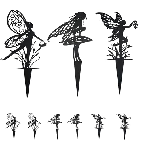 Decorative Garden Stakes， Fairy Garden Stakes, Butterfly Fairy Stakes for Weather Resistant Black Metal Outdoor Decorative Art for Women Gift (Matte Black, 9P-A) - color: Pure Black, size: 9Pack L