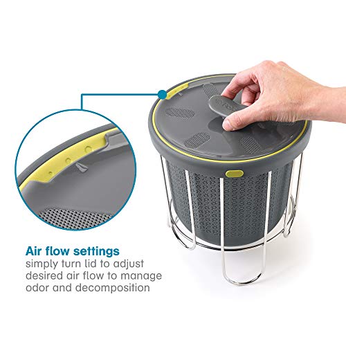 Polder Kitchen Composter-Flexible Silicone Bucket inverts for Emptying and Cleaning - no Need to Touch Contents- Adjustable lid for Ventilation & Airflow Control, Gray/Green