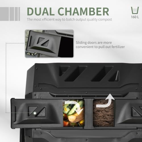 Outsunny Tumbling Compost Bin 360° Dual Chamber 43 Gallon, Black - color: Black