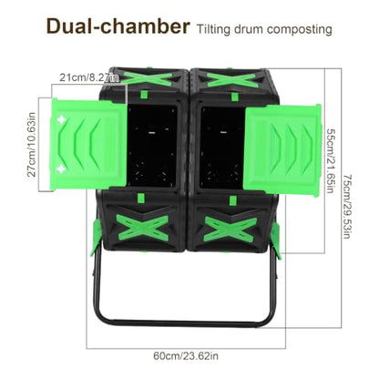 140L Dual Chamber Tumbling Composter 360° Sliding Door for Garden