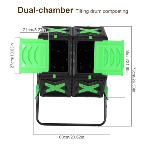 140L Dual Chamber Compost Bin Outdoor Rotating Composter W/Sliding Door Easy Setup Compost Tumbler for Outside Garden and Yard