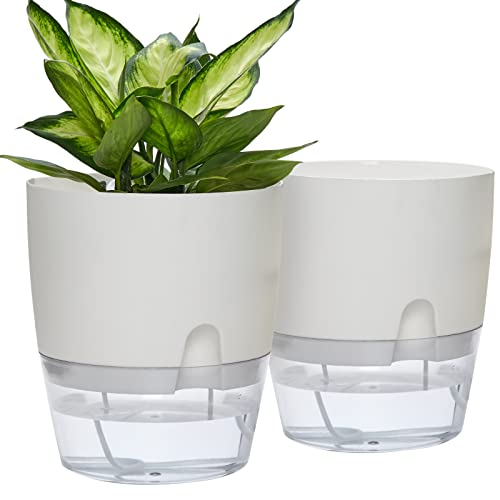 Self Watering Planter for Indoor Plants, 2 Pack 9.3 Inch Flower Pot Modern Decorative Plastic Planter with Extra Large Water Storage for All House Plants, Flowers, Herbs(White) - color: White, size: 9.3in(2)