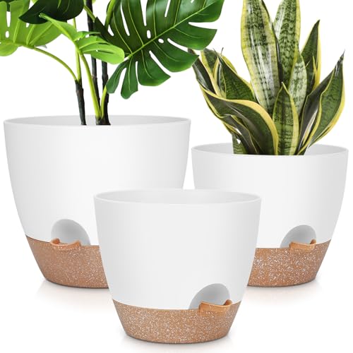 YNNICO 12" 10" 9" Large Self Watering Plant Pots, 3 Pack Flower Pots Planters with Multi Mesh Drainage Holes for Indoor Outdoor Garden Plants and Flowers - color: White, size: 12+10+9 Inch