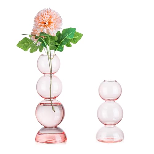 Glasseam Pink Glass Bubble Vase, Set of 2 Cute Ball Bud Vases for Flowers - color: Pink, size: Set of 2 Vases (3 Balls & 4 Balls)