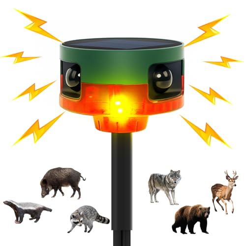 Solar Outdoor Motion Sensor Alarm, 130dB Dog Barking & Gunshot Sound, 13 Sounds, Strobe Light, Support Recording, Keeps Unwanted Animals Away from Yard, Garden, or Farm