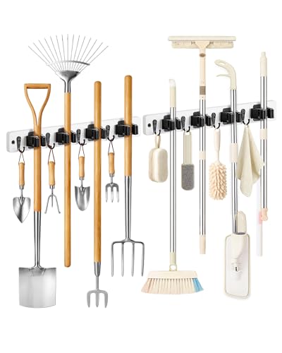 Lorbro 2 Pack Broom Holder Wall Mount, Wooden Rack with 4 Slot & 4 Hook - color: White