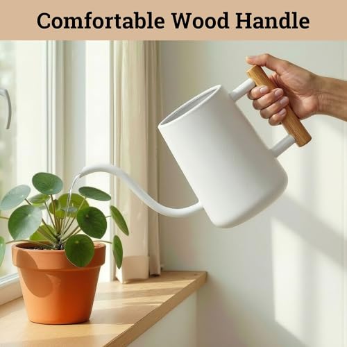 Metal Small Indoor Watering Can with Long Spout & Real Wood Handle, 35oz - color: White