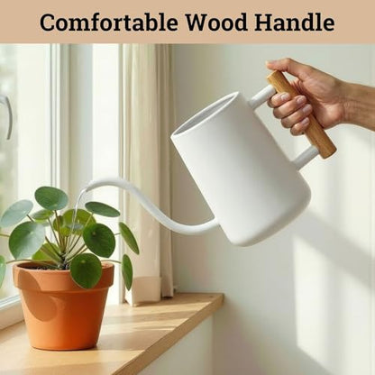 Metal Small Indoor Watering Can with Long Spout & Real Wood Handle, 35oz - color: White