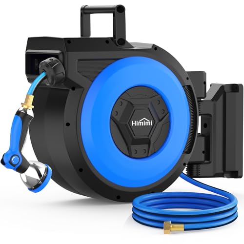 Retractable Garden Hose Reel, 1/2" x 131FT Heavy Duty Automatic Retractable Hose Reel Wall Mount, with 10- Function Sprayer Nozzle, Any Length Lock/Auto Rewind/180°Swivel - size: 130 Ft