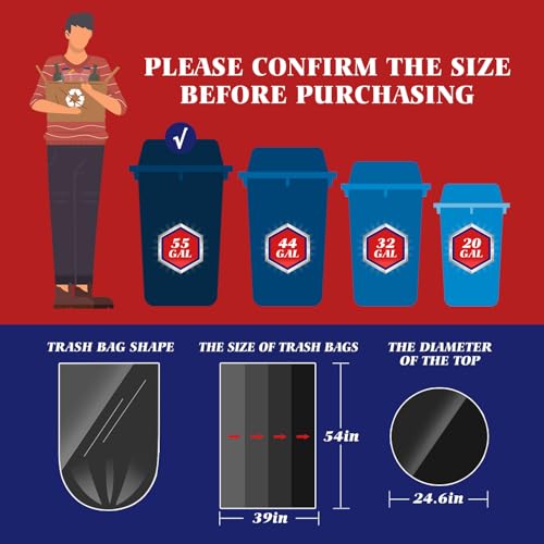Teivio Large Black Trash Bags 55-60 Gallon 20 Count 50 Gal Garbage Bags