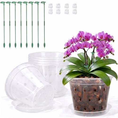 Orchid Pot -6 Pack 7 Inch Orchid Pots with Holes and Saucers, Clear Plastic Plant Pots with 8 Support Stakes and Clips, Orchid Repotting Kit for Indoor Plants (7 Inch) - size: 7"×6