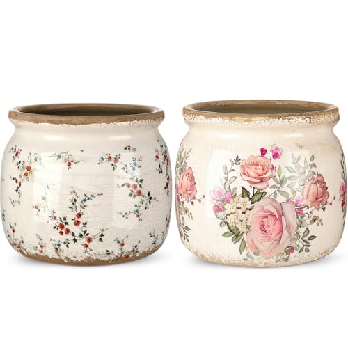 2 Pcs Vintage Planter Ceramic Plants Pot with Drainage Ice Crack Scroll Flower Vase Pot for Indoor Outdoor Plants Home Kitchen Decor Gifts(Farmhouse Rose,5.9") - size: 5.9", style: Farmhouse Rose