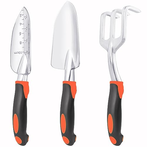 Garden Tools Set, 3 Pack Heavy Duty Gardening Tools Set Include Garden Shovel, Transplant Trowel and Hand Rake with Ergonomic Handle, Aluminum Alloy Lawn for Planting, Orange - color: Orange