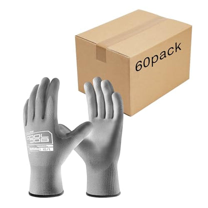 COOLJOB 60 Pairs Safety Work Gloves Pack Bulk with Grip PU Coating - color: Grey, size: Medium (Pack of 60)