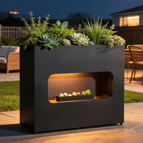 Outdoor Planter Box Metal Black Rectangular - color: Black With Light