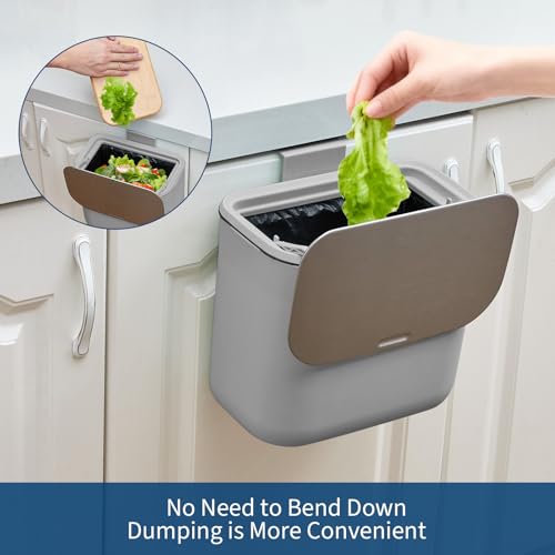 1.85 Gal/7L Hanging Trash Can, Stainless Steel Compost Bin with Lid & Hook, Small Garbage Can for Kitchen Counter, Bathroom Sink, Office Desk, Space-Saving Rubbish Bin - Grey - size: 1.85 Gallon /7 Liter