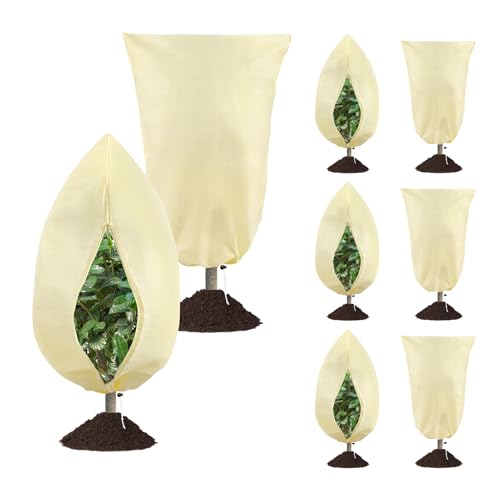 8 Pack Plant Covers Freeze Protection, 31.5"x47.2" with Zipper Drawstring - color: Beige