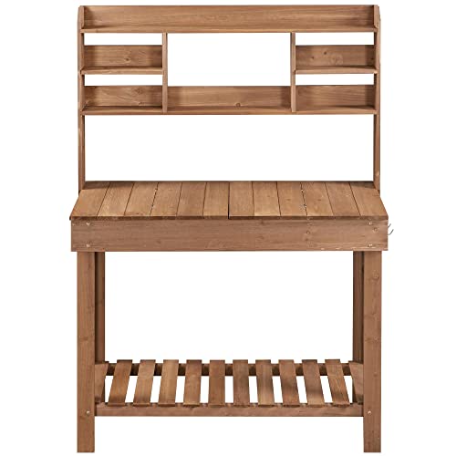 Topeakmart Wooden Garden Workbench with Display Rack and Open Storage,Brown