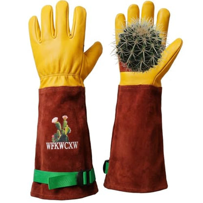 Cow Leather Adjustable Thorn Proof Gardening Gloves - color: Brown-cactus, size: Small
